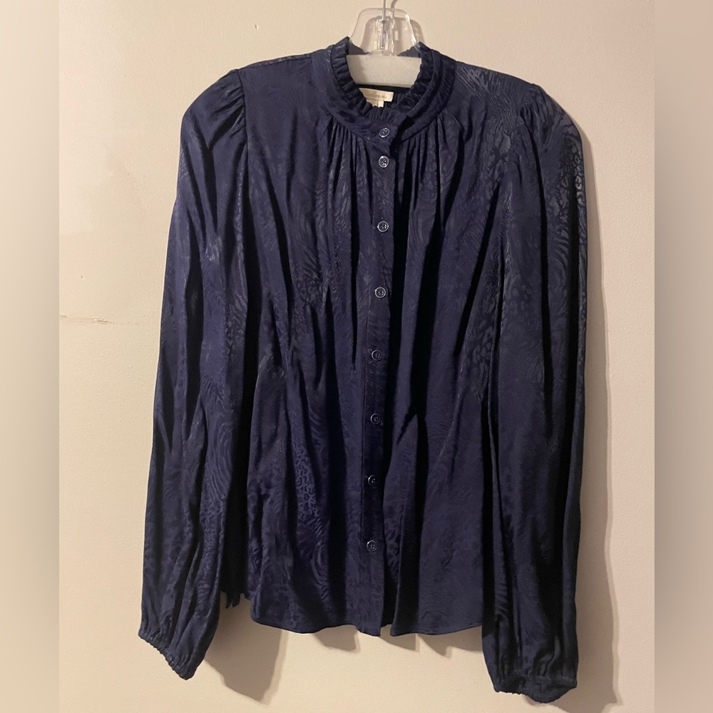 NWT Shoshanna Resort 2024 Navy Animal Jacquard button down top, size Medium